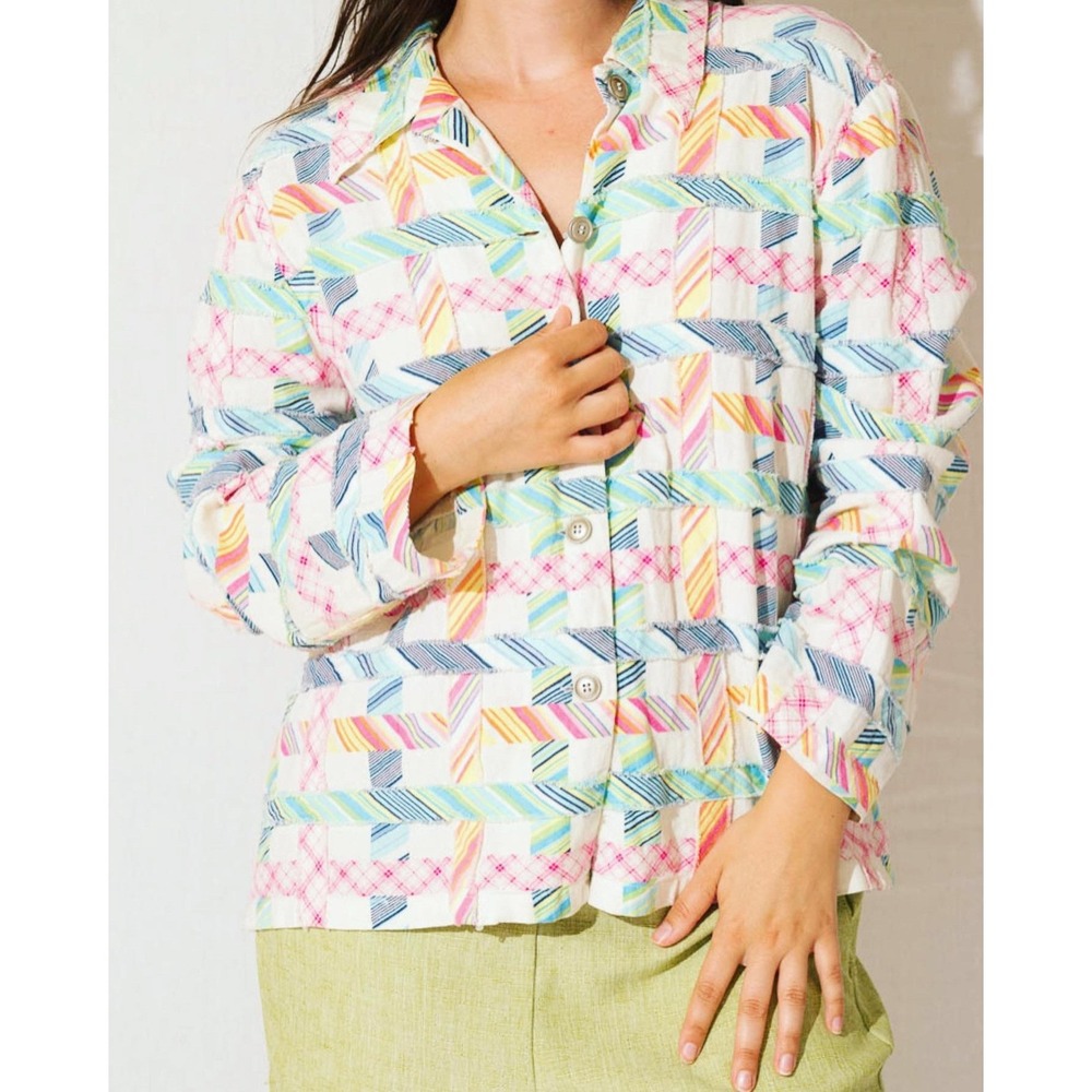 Women Linen Blend 12 Patchwork Shacket Lng Sleeves Button Down Coastal Cottage